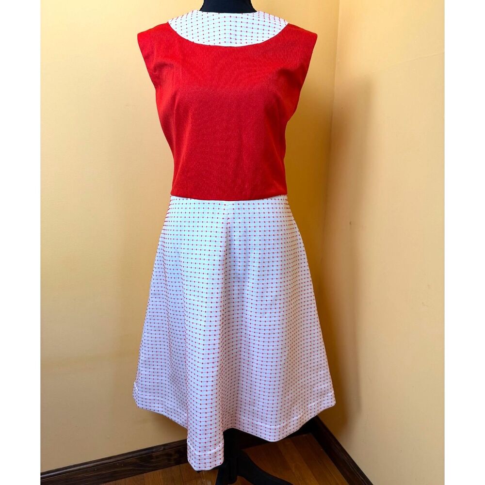 Vtg 1970s Handmade Colorblock Dress Mod Polka Dot Red White Sleeveless A Line